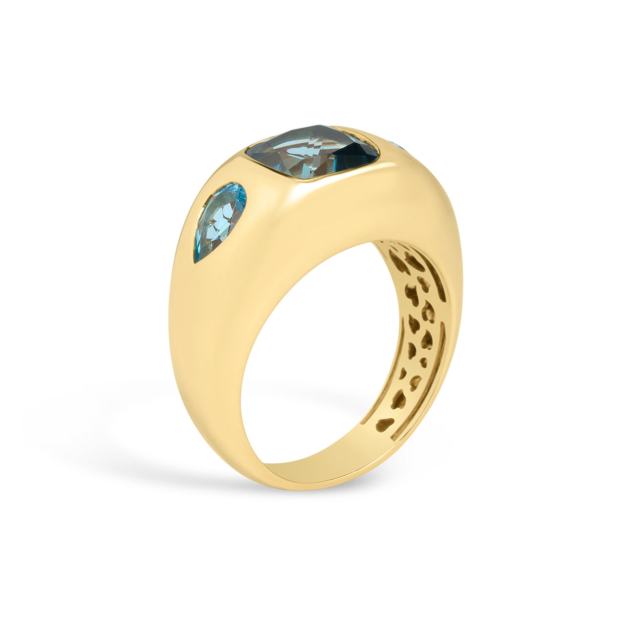 Blue Topaz Cushion & Pear 3 Stone Gypsy Ring