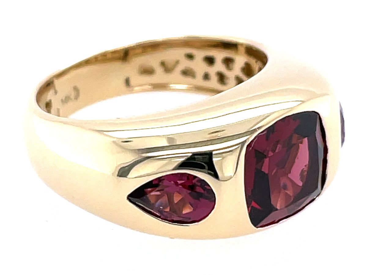 RHODOLITE CUSHION & PEAR 3 STONE RING