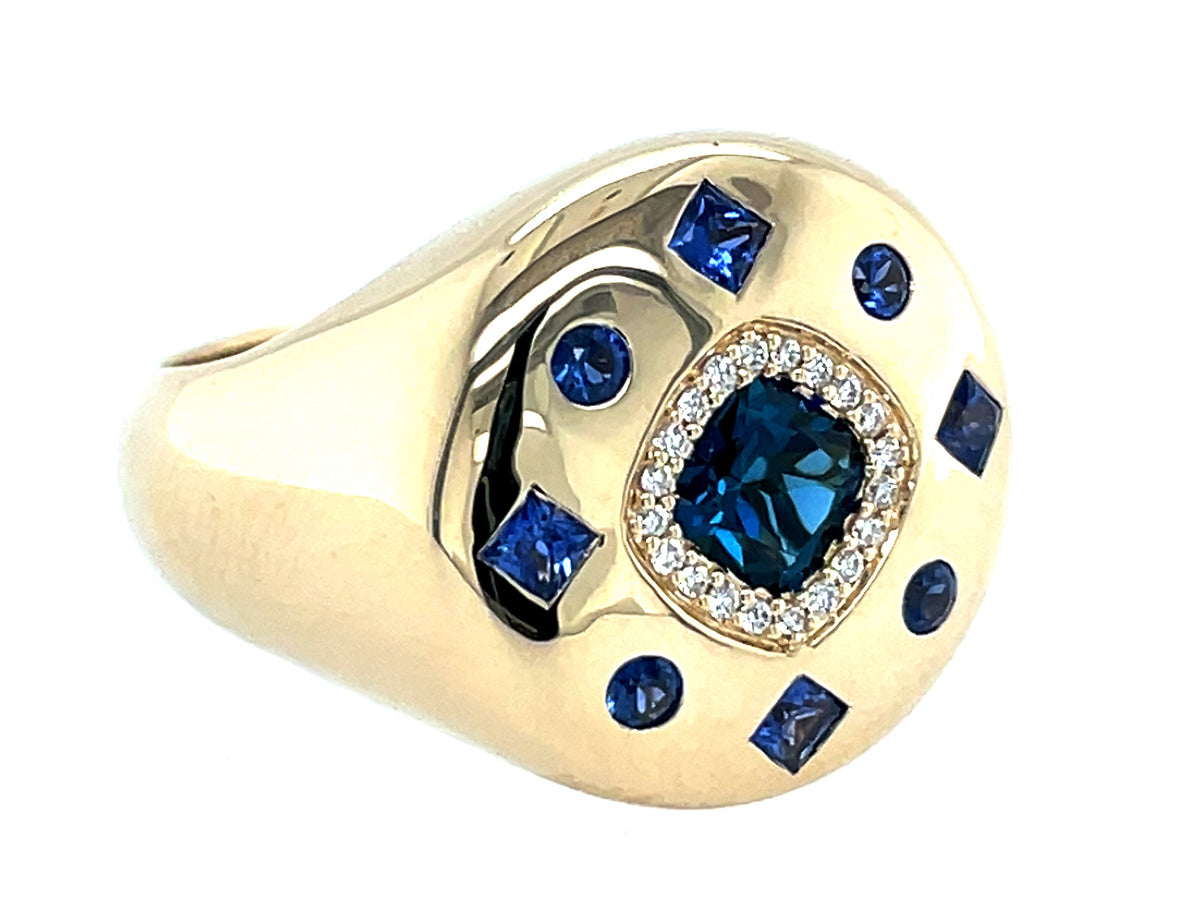 BLUE TOPAZ CUSHION CENTER, SAPPHIRE PRINCESS & ROUNDS & DIAMOND HALO SIGNET RING, 16MM