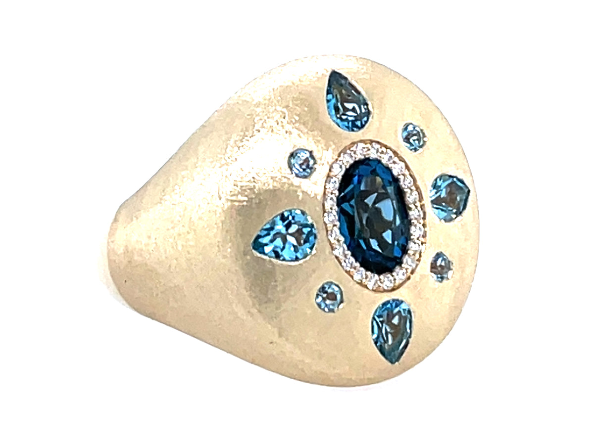 Blue Topaz Oval Pear Round Diamond Halo Signet Ring, 20x18mm, Satin Finish