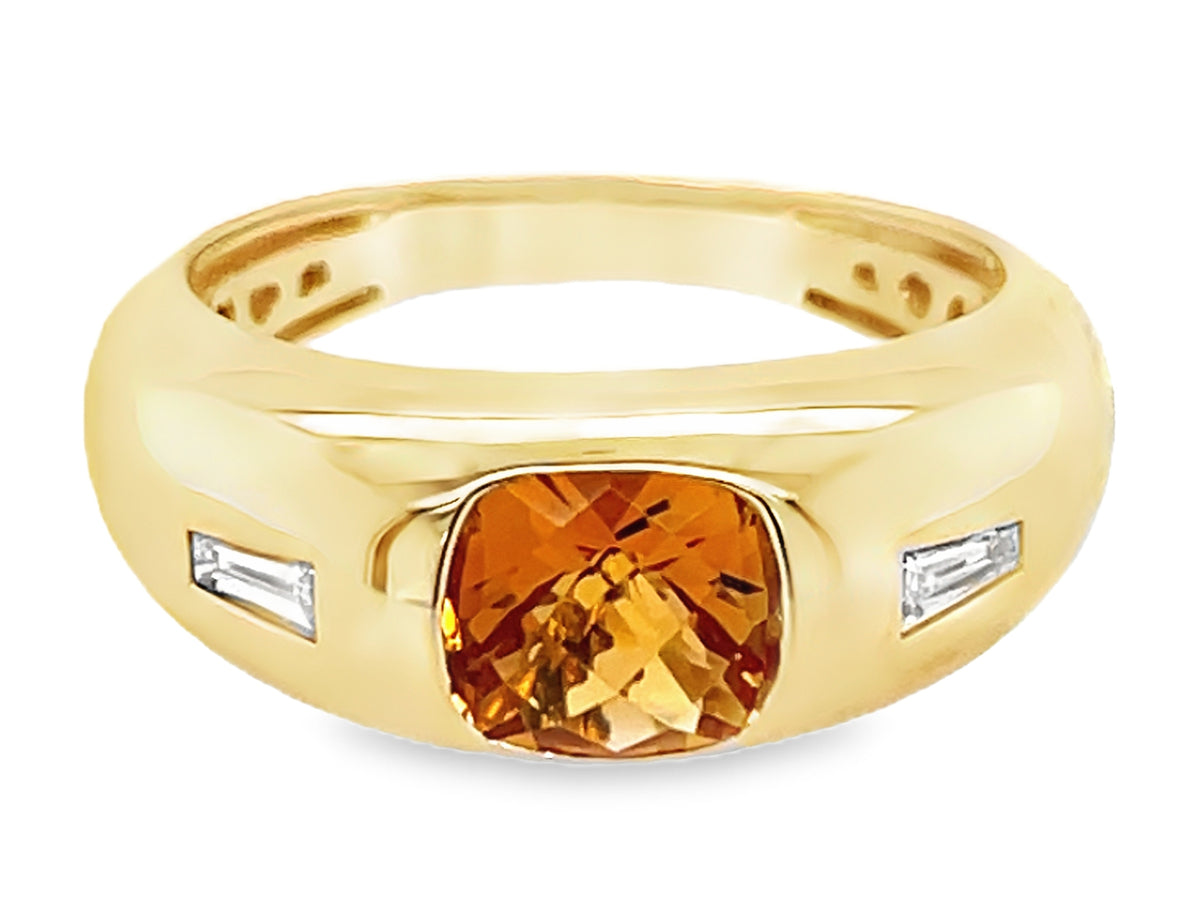 CITRINE CUSHION FLUSH SET & DIAMOND BAGUETTE RING
