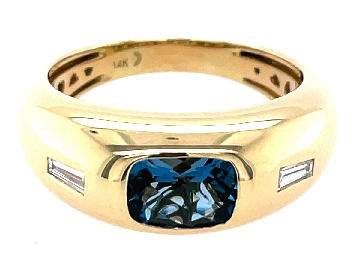 LONDON BLUE TOPAZ RECTANGLE CUSHION FLUSH SET & DIAMOND BAGUETTE RING