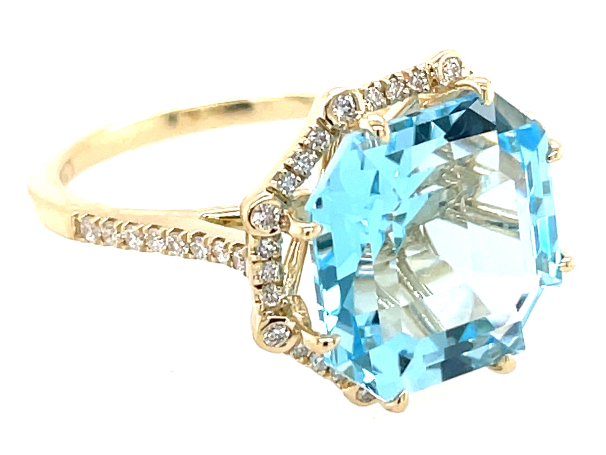 BLUE TOPAZ ASSCHER CUT & DIAMOND HALO RING