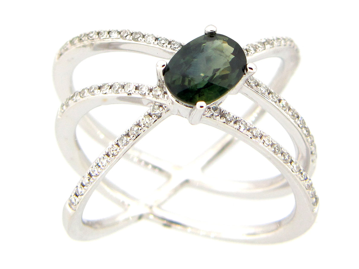 GREEN SAPPHIRE & DIAMOND RING, 14KW (H)