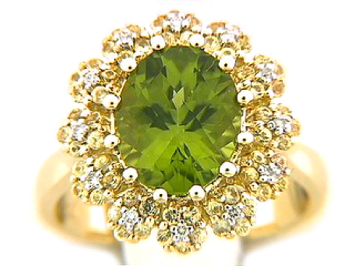 CHB PERIDOT, YELLOW SAPPHIRE & DIAMOND RING, 18KY (N/H)