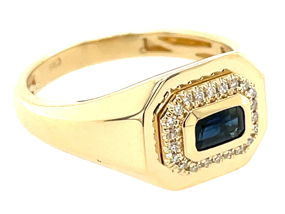 SAPPHIRE EMERALD CUT & DIAMOND HALO RING, 14KY (H)