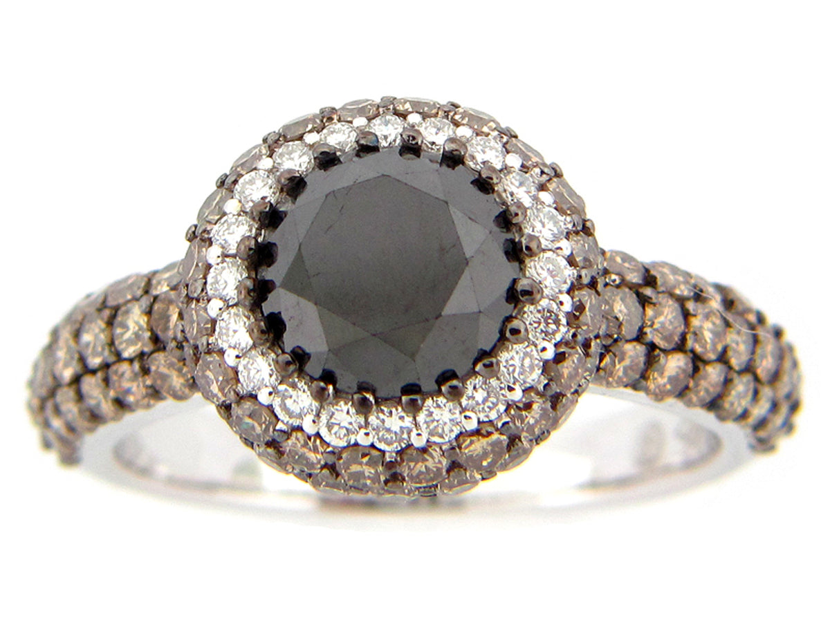 BLACK, BROWN & WHITE DIAMOND RING, 18KW (R/N), CENTER=1.94