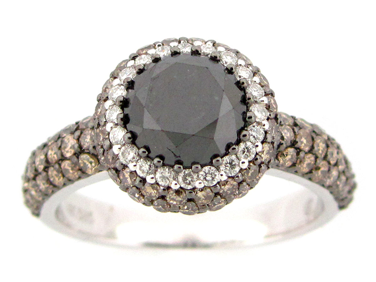 BLACK, BROWN & WHITE DIAMOND RING, 14KW (R/N)
