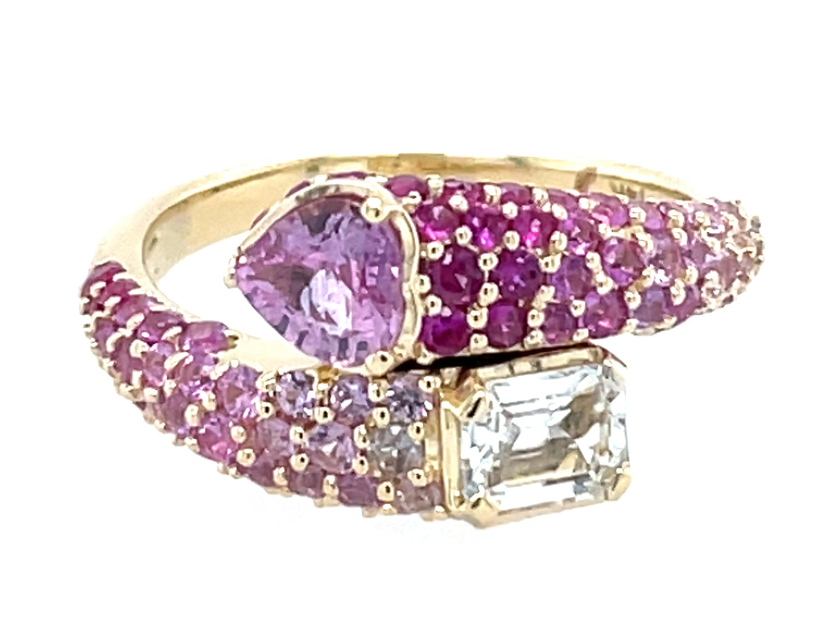 Pink Heart White E/C Sapphire Pave Bypass Ring