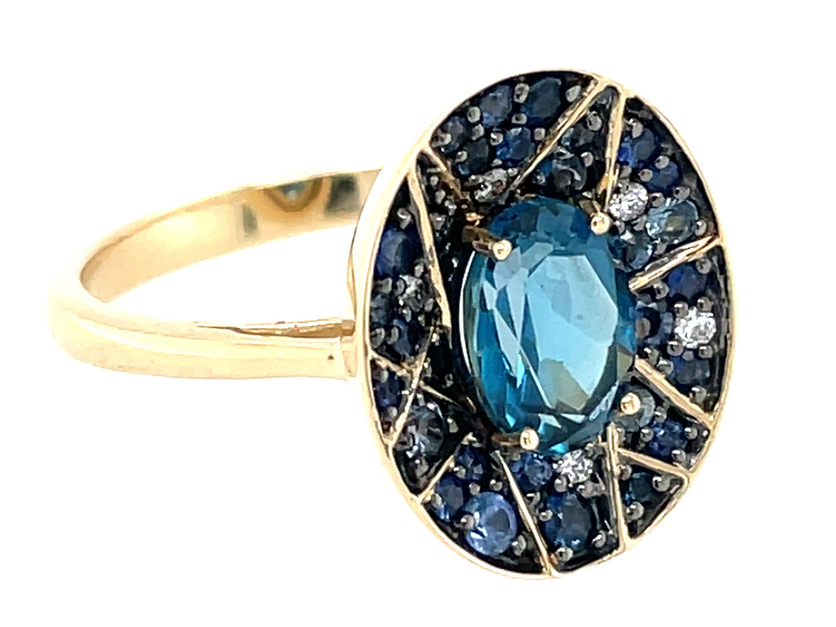Blue Topaz Oval, Sapphire Diamond Cocktail Ring