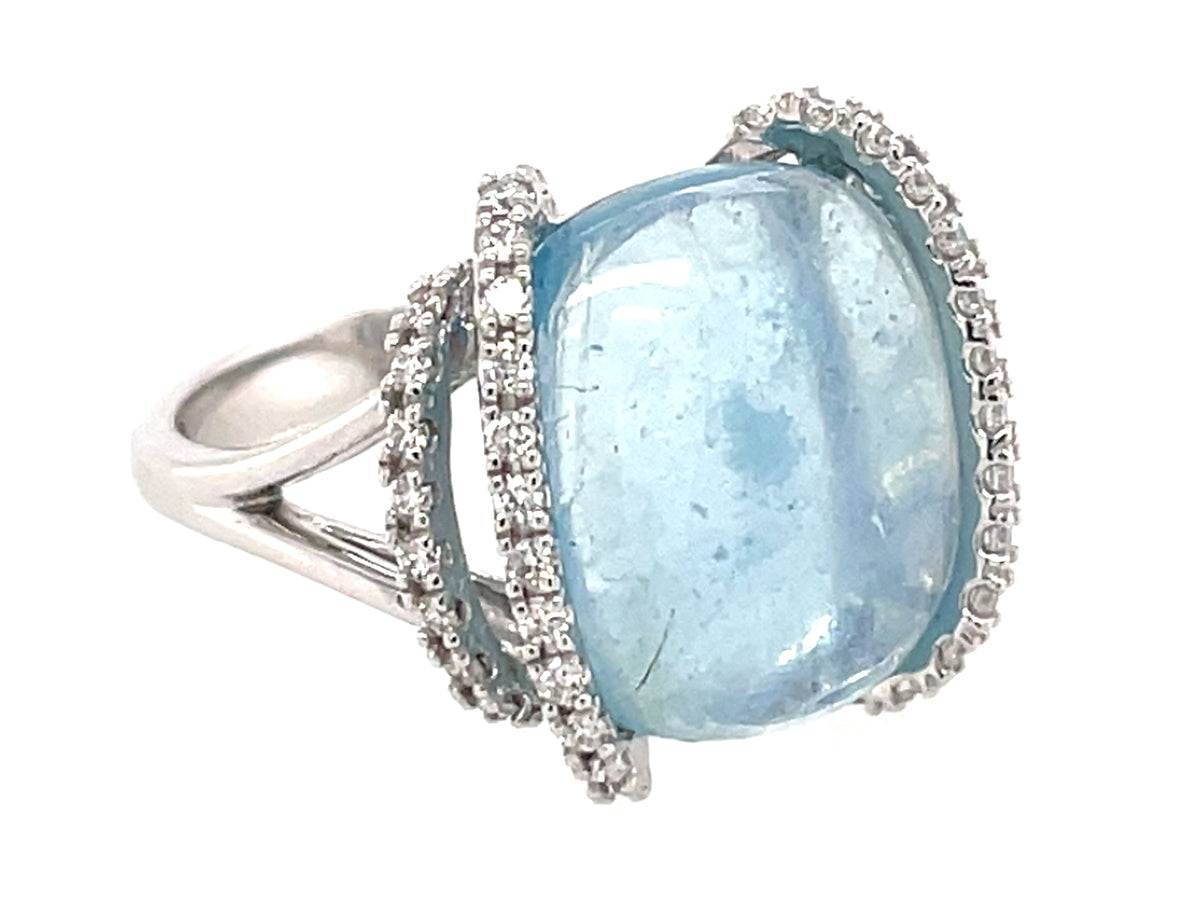 Aquamarine Cushion Cabachon Diamond Split Shank Ring