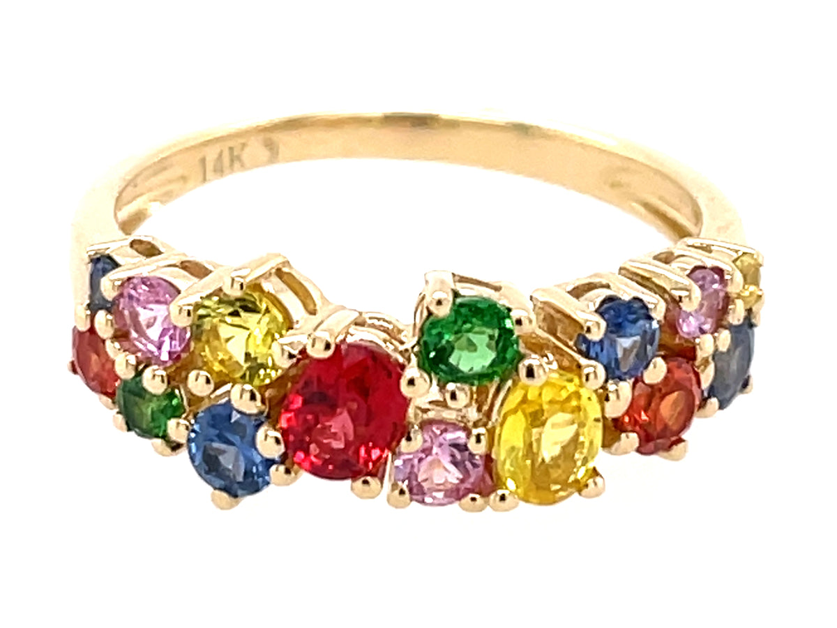 RAINBOW SAPPHIRE & TSAVORITE 2 ROW CLUSTER RING, 14KY (H/U/N)