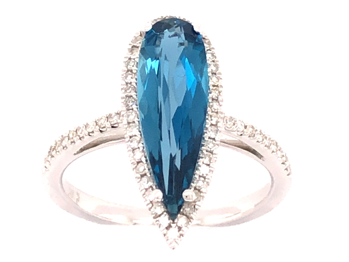 BLUE TOPAZ PEAR & DIAMOND HALO RING