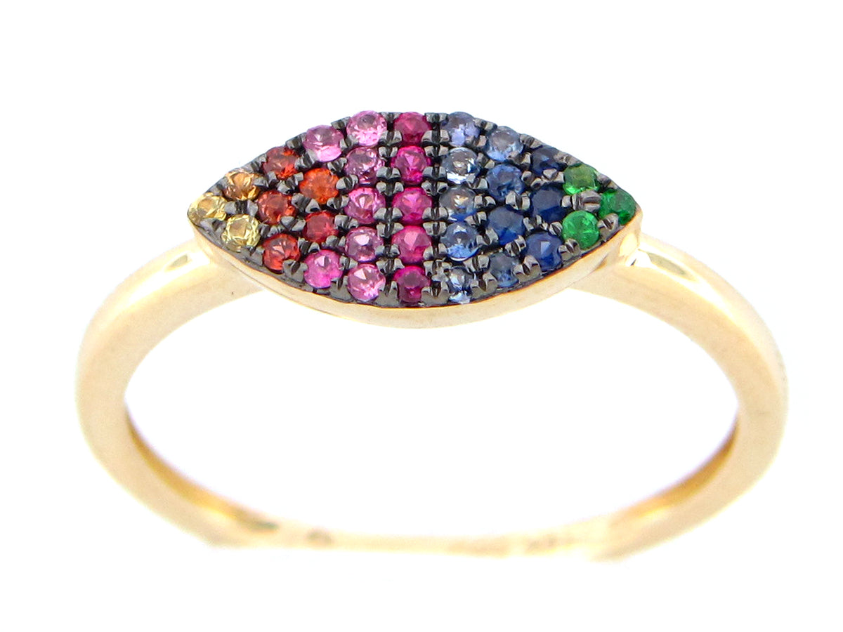 FANCY SAPPHIRE, RUBY & TSAVORITE MARQUISE RING, 14KY (H/U/N)