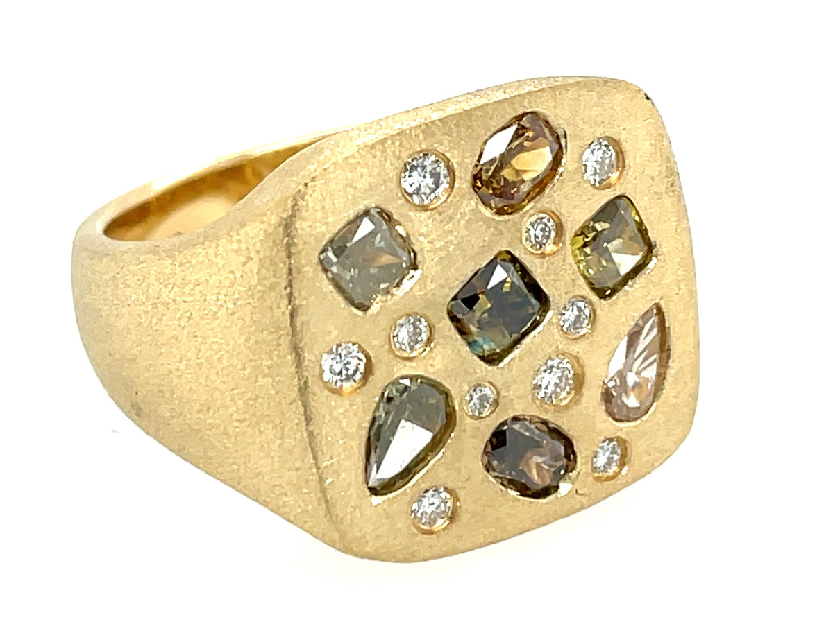 NATURAL FANCY COLOR & WHITE DIAMOND CUSHION TOP RING, 15.3MM, SATIN FINISH