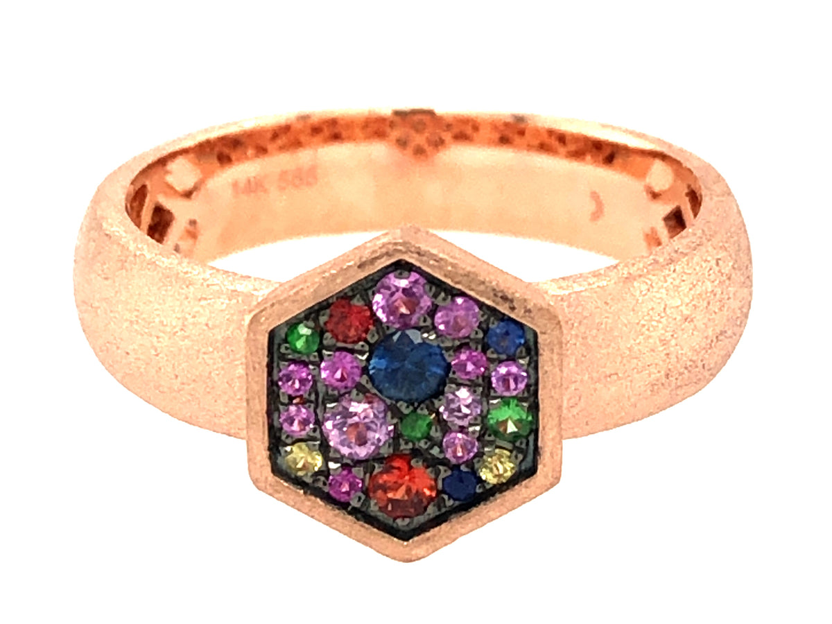 RAINBOW SAPPHIRE(MORE PINKS) & TSAVORITE PAVE HONEYCOMB RING, SATIN FINISH