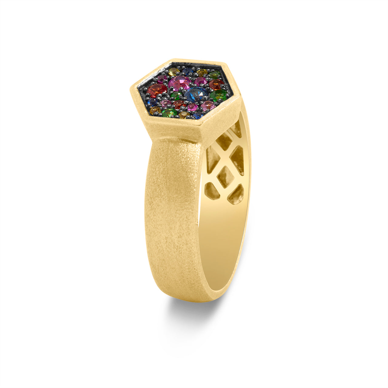 Rainbow Sapphire Hexagon Wide Ring