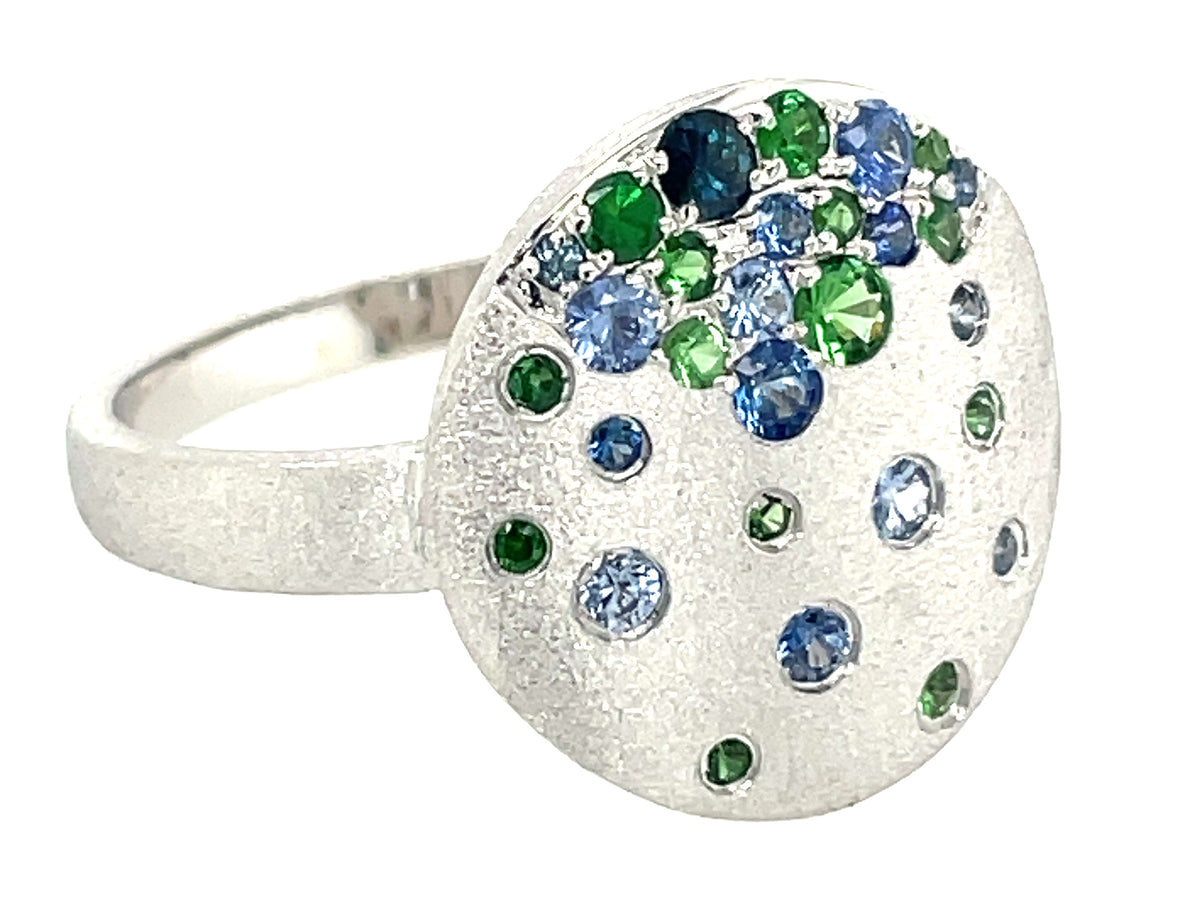 SAPPHIRE & TSAVORITE CONFETTI SHIELD RING, 15.5MM, SATIN FINISH