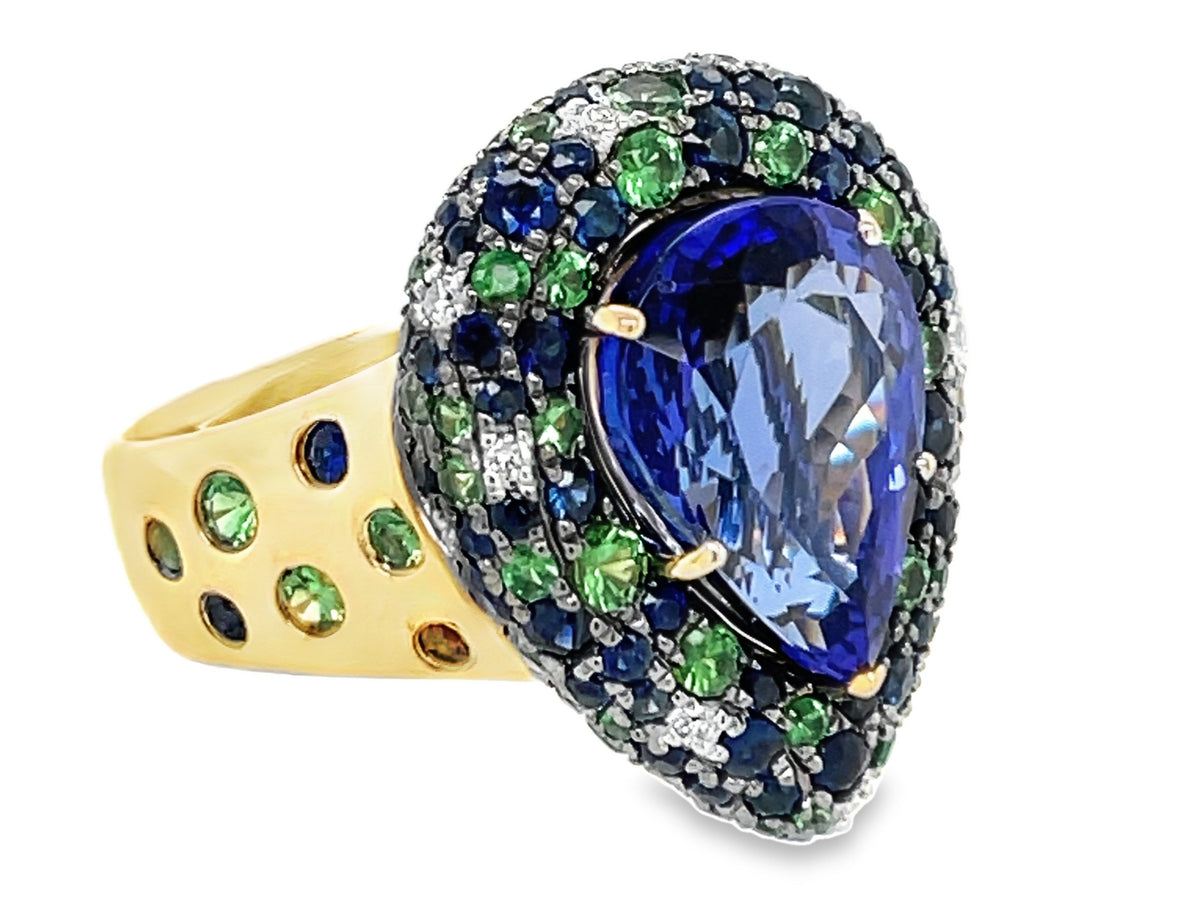 TANZANITE PEAR, SAPPHIRE, TSAVORITE & DIAMOND RING
