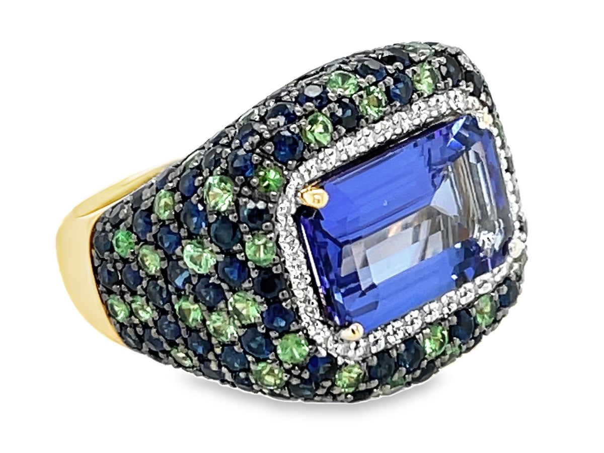 TANZANITE E/C, SAPPHIRE, TSAVORITE & DIAMOND RING