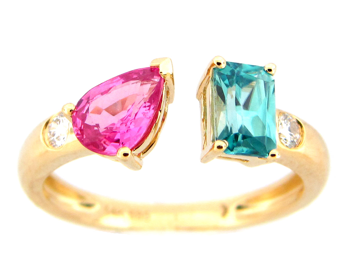 BLUE ZIRCON, PINK SAPPHIRE & DIAMOND OPEN RING, 14KY (H)