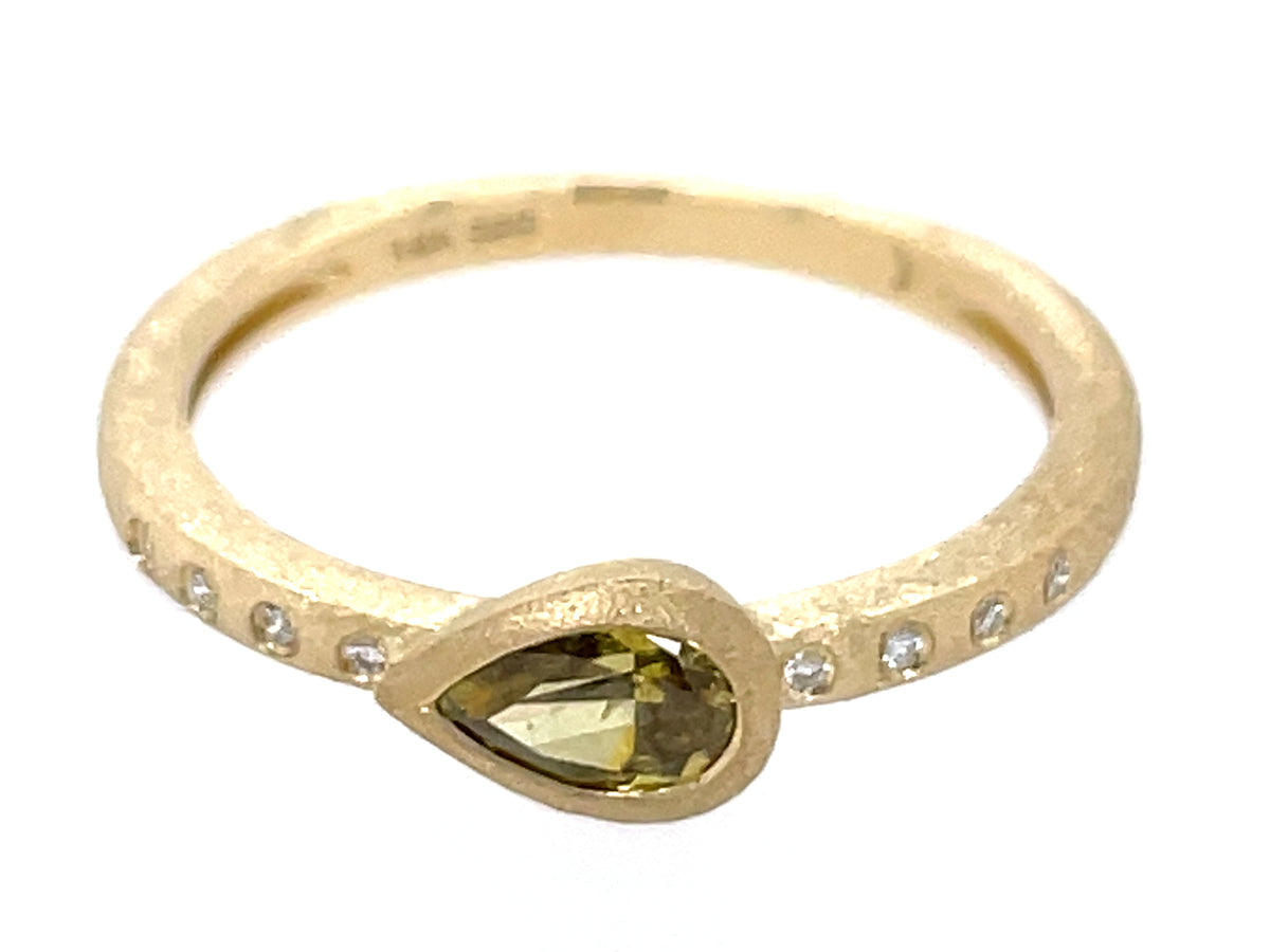 NATURAL YELLOW GREEN DIAMOND PEAR BEZEK & DIAMOND RING, SATIN FINISH