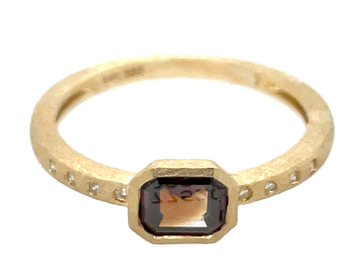 NATURAL BROWN DIAMOND EMERALD CUT BEZEL & DIAMOND RING, SATIN FINISH