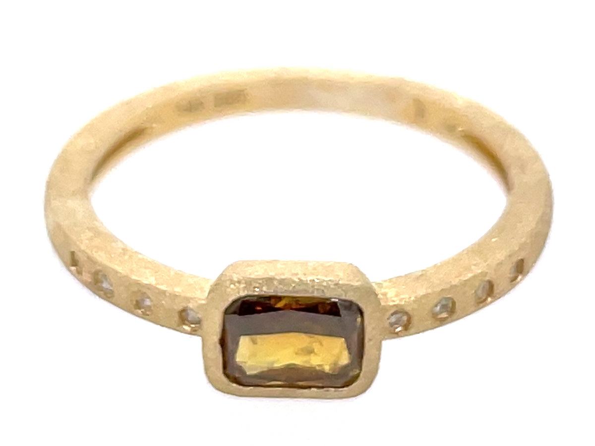 NATURAL BROWN DIAMOND EMERALD CUT BEZEL & DIAMOND RING, SATIN FINISH