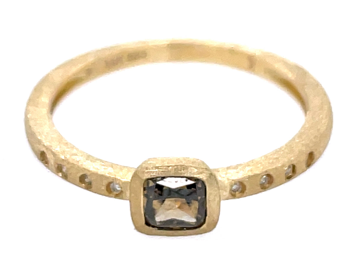 NATURAL GREEN DIAMOND CUSHION BEZEL & DIAMOND RING, 14KY (N) SATIN FINISH