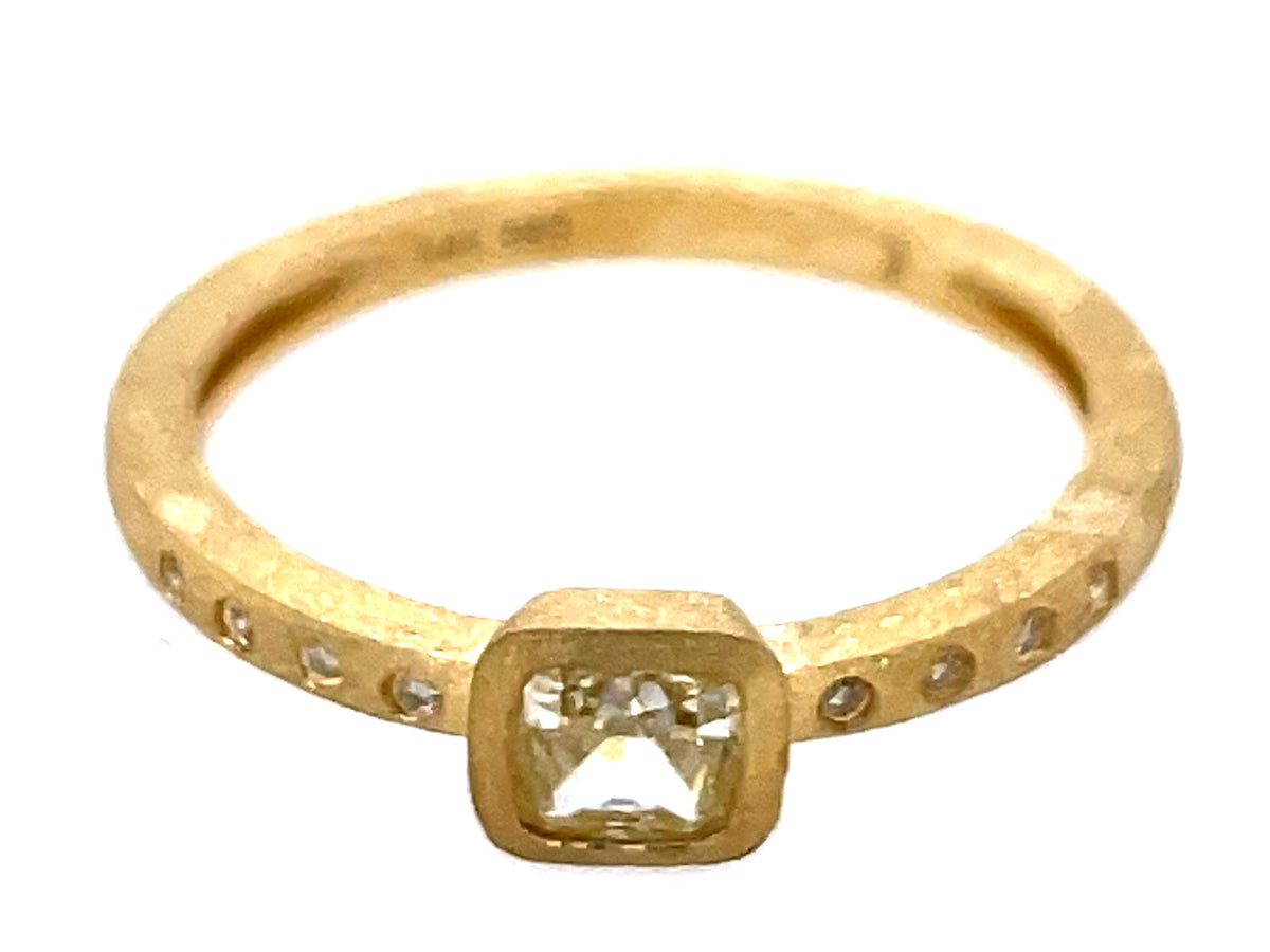 NATURAL LIGHT GREEN DIAMOND CUSHION BEZEL & DIAMOND RING, 14KY (N) SATIN FINISH