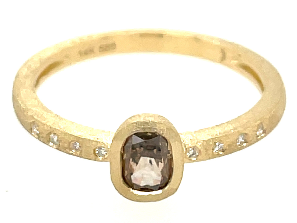 NATURAL FANCY COLOR DIAMOND CUSHION BEZEL & DIAMOND RING, 14KY (N) SATIN FINISH