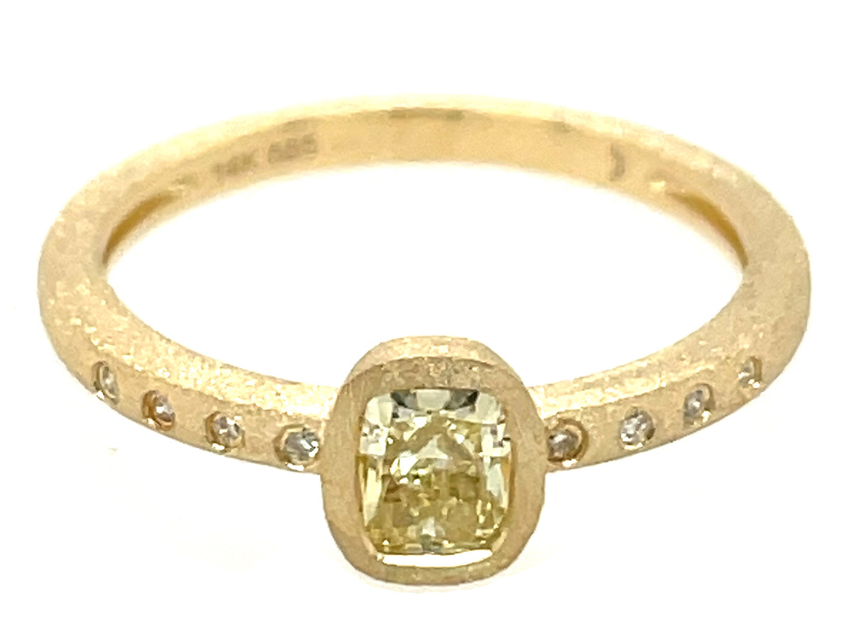 NATURAL YELLOW DIAMOND CUSHION BEZEL & DIAMOND RING, SATIN FINISH