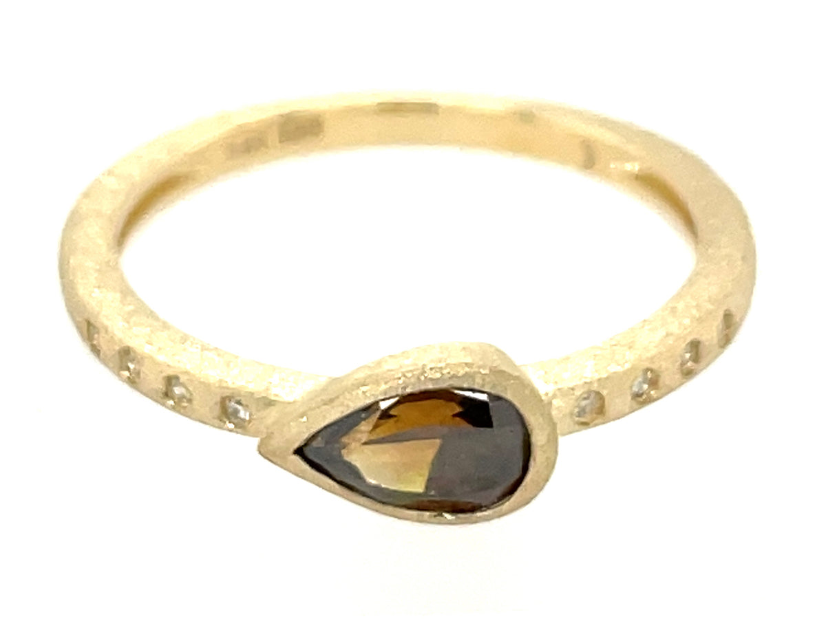 NATURAL BROWN DIAMOND PEAR BEZEL & DIAMOND RING, SATIN FINISH