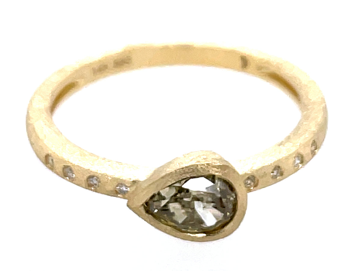 NATURAL GREEN DIAMOND PEAR BEZEL & DIAMOND RING, SATIN FINISH
