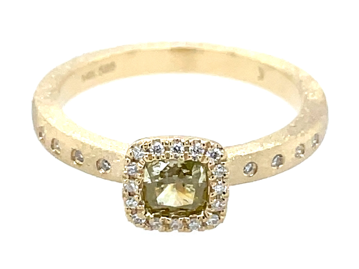 Natural Fancy Diamond Cushion Diamond Halo Ring, Satin Finish