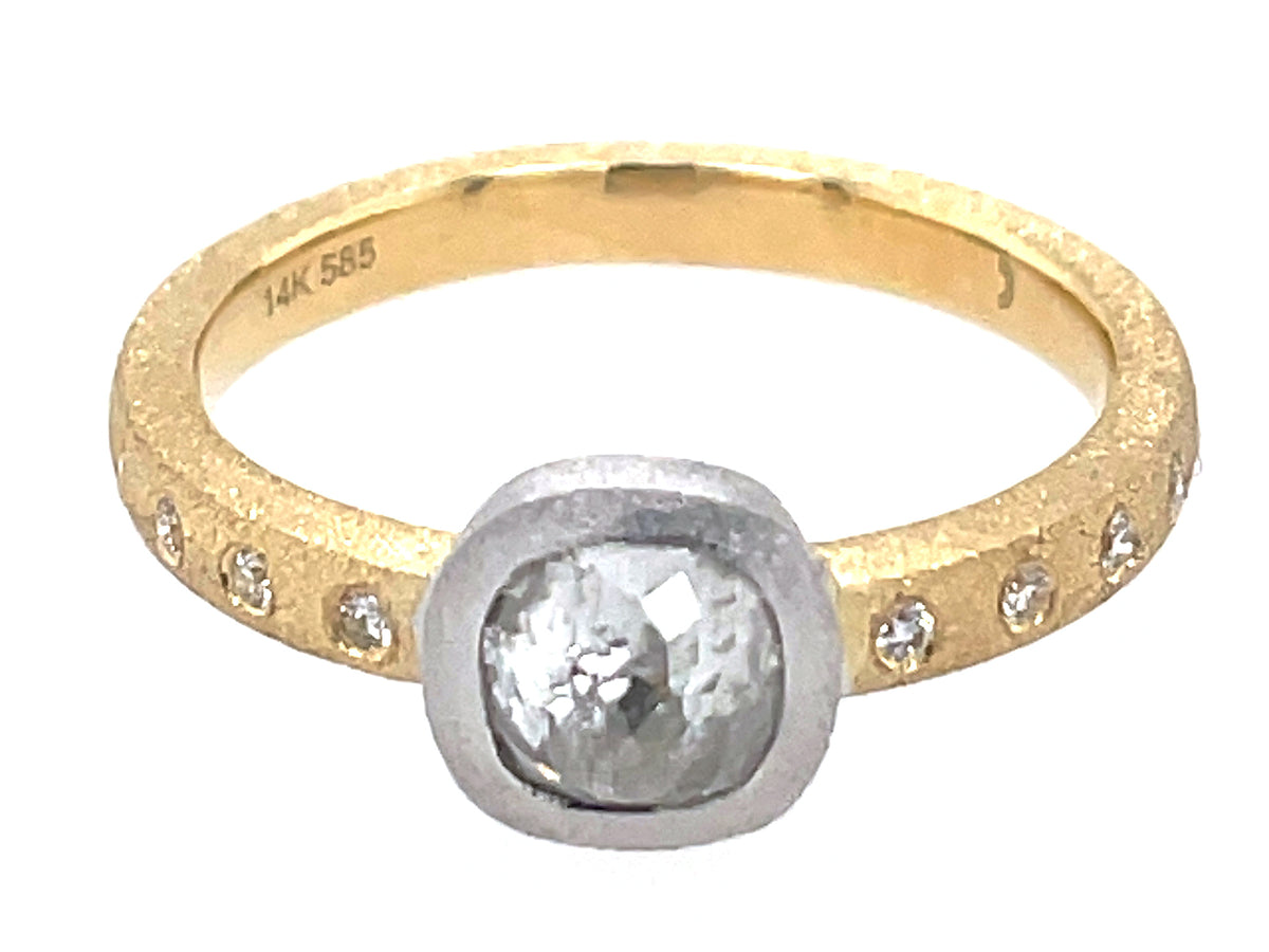 ROSE CUT WHITE DIAMOND BEZEL & DIAMOND SHANK RING, SATIN FINISH