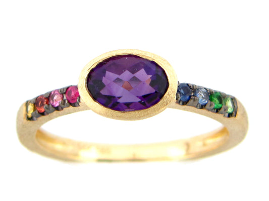 AMETHYST & FANCY SAPPHIRE BEZEL RING, SATIN FINISH, 14KY (H/U)