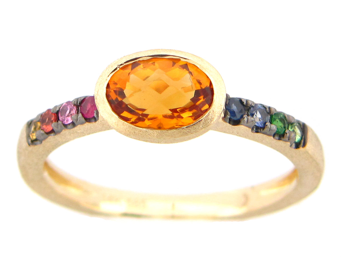 CITRINE & FANCY SAPPHIRE BEZEL RING, SATIN FINISH, 14KY (H/U)