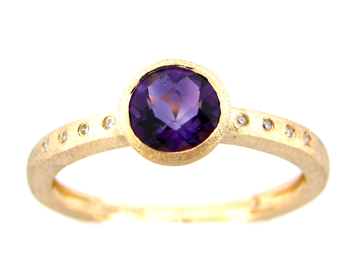 AMETHYST & DIAMOND ROUND BEZEL RING, SATIN FINISH, 14KY (H)
