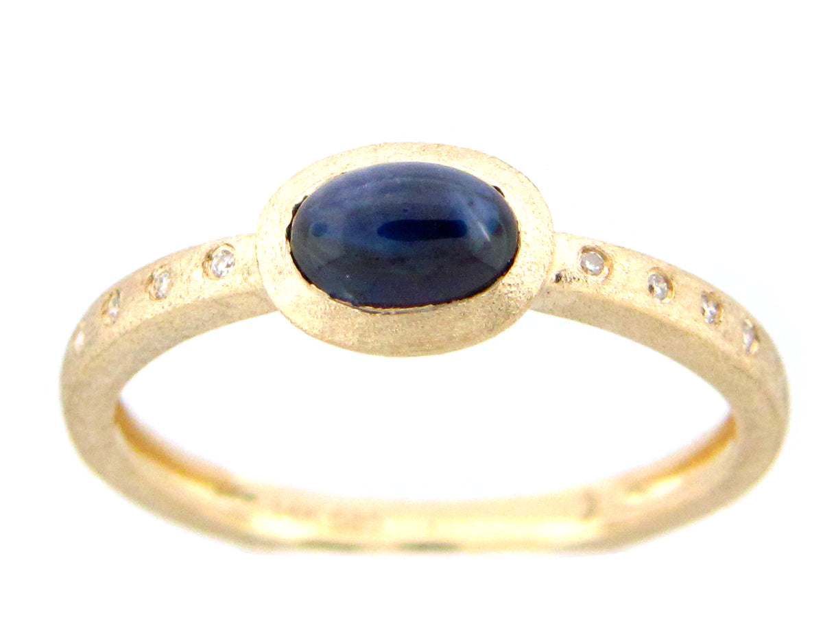 SAPPHIRE & DIAMOND OVAL BEZEL RING, SATIN FINISH, 14KY (H)