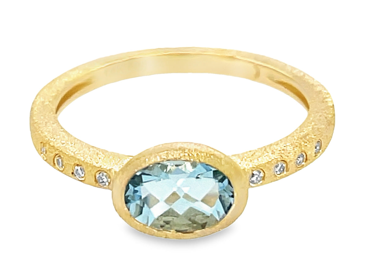 AQUAMARINE OVAL BEZEL & DIAMOND RING, SATIN FINISH