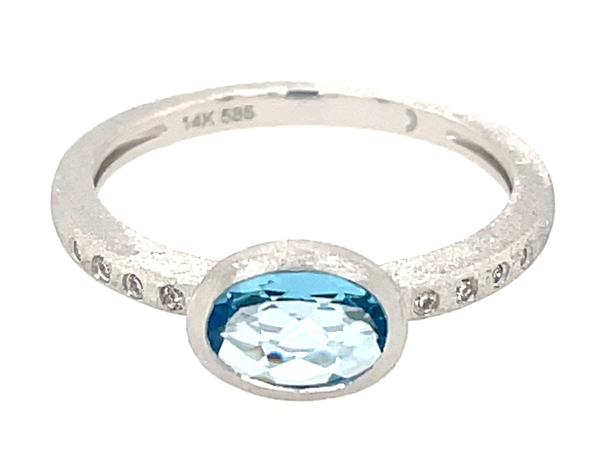 SWISS BLUE TOPAZ OVAL BEZEL & DIAMOND RING, SATIN FINISH, 14KW (R)