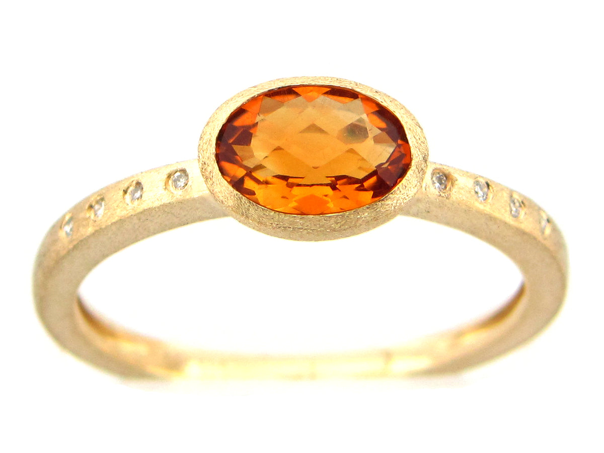 CITRINE OVAL BEZEL & DIAMOND RING, SATIN FINISH, 14KY (H)