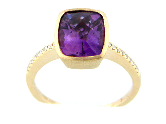 AMETHYST & DIAMOND RING, SATIN BEZEL, 14KY (H)