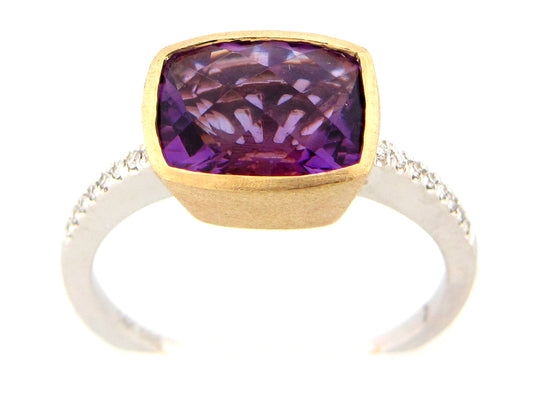 AMETHYST & DIAMOND RING, SATIN BEZEL, 14KWY (H)