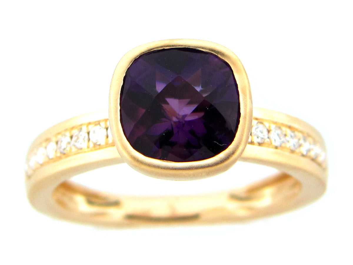 AMETHYST CUSHION & DIAMOND BEZEL RING, SATIN FINISH, 14KY (H)
