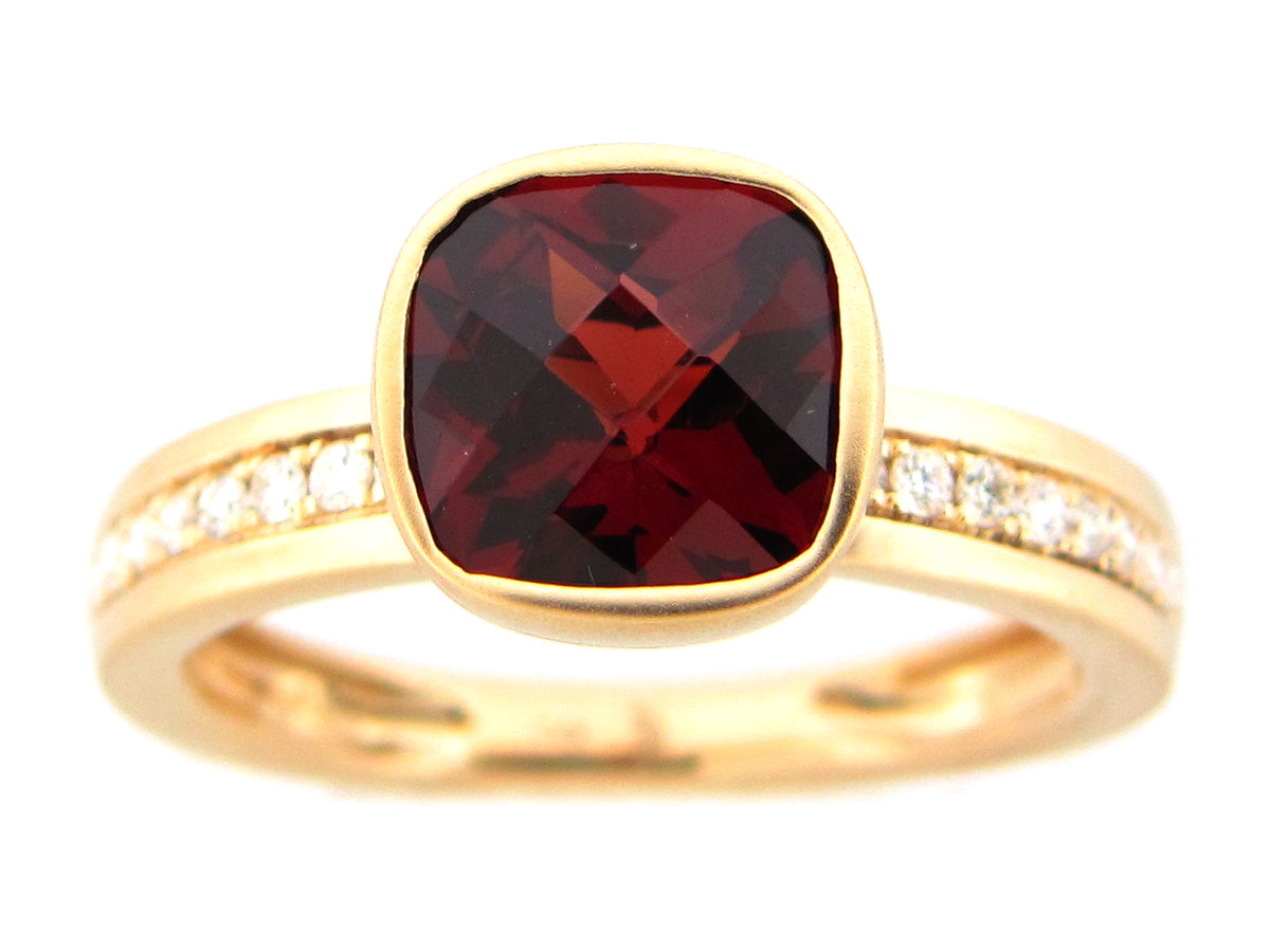 GARNET CUSHION & DIAMOND BEZEL RING, SATIN FINISH, 14KY (N)