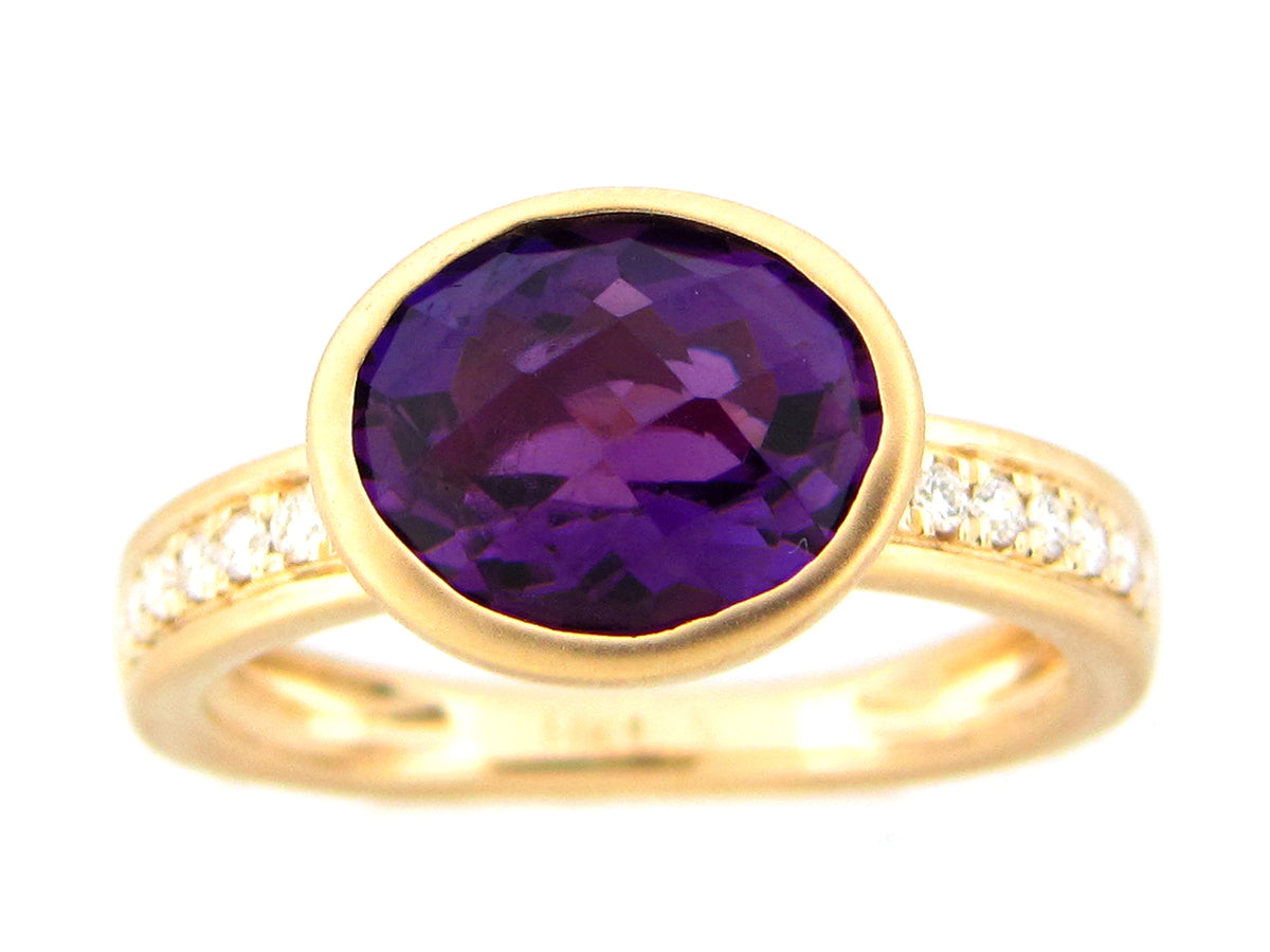 AMETHYST OVAL BEZEL & DIAMOND RING, SATIN FINISH, 14KY (H)
