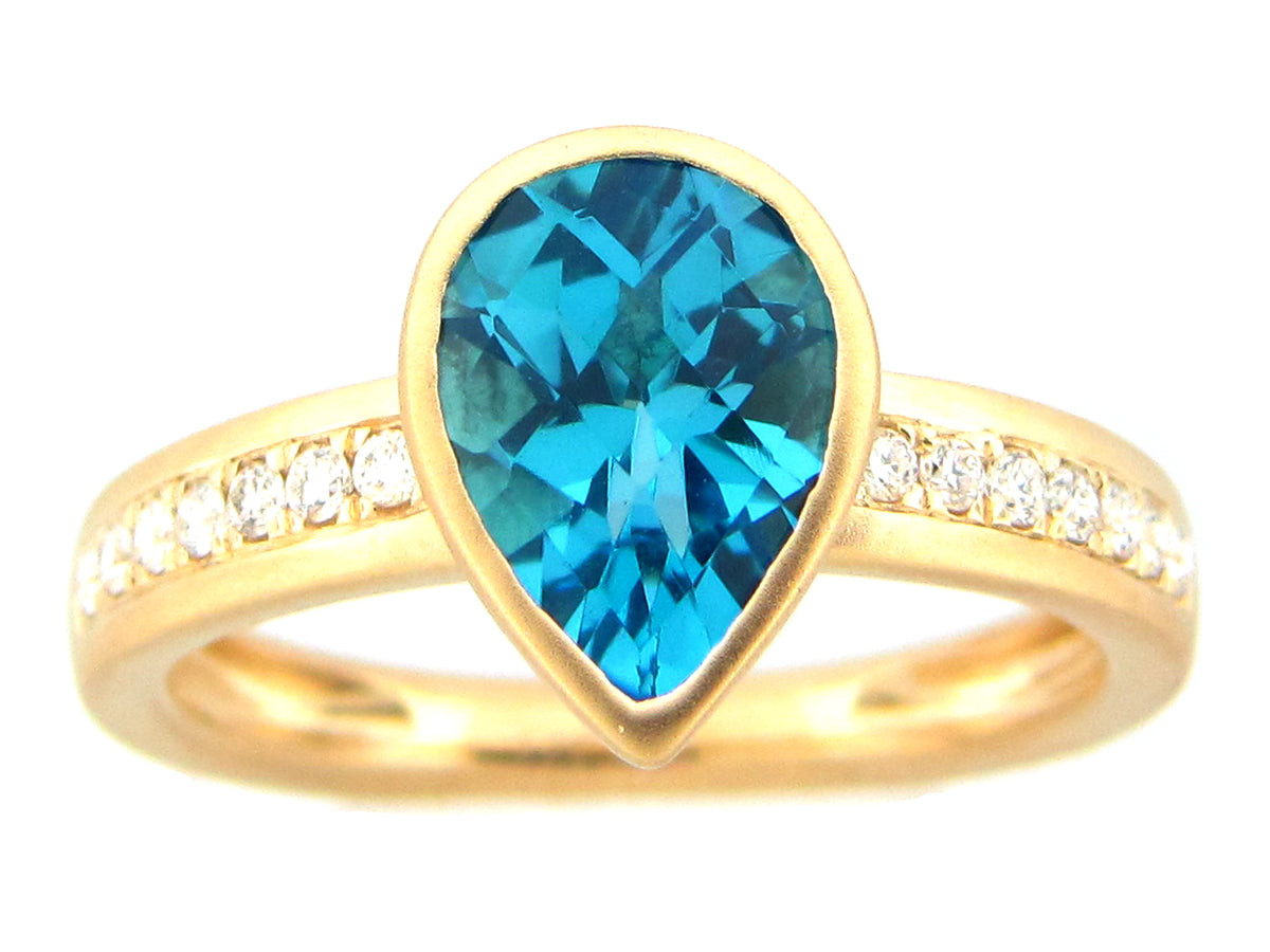 BLUE TOPAZ PEAR BEZEL & DIAMOND RING, SATIN FINISH, 14KY (R)