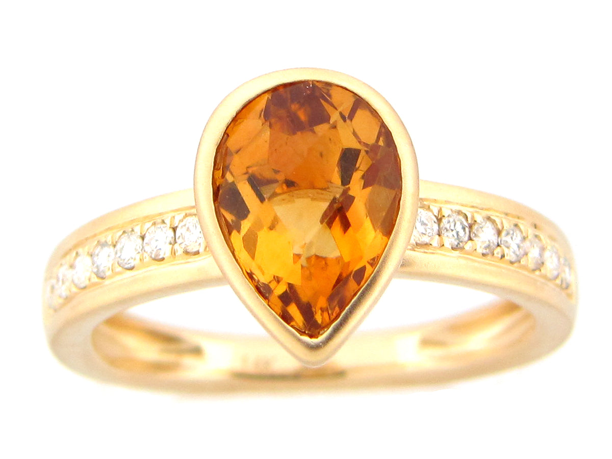 CITRINE PEAR BEZEL & DIAMOND RING, SATIN FINISH